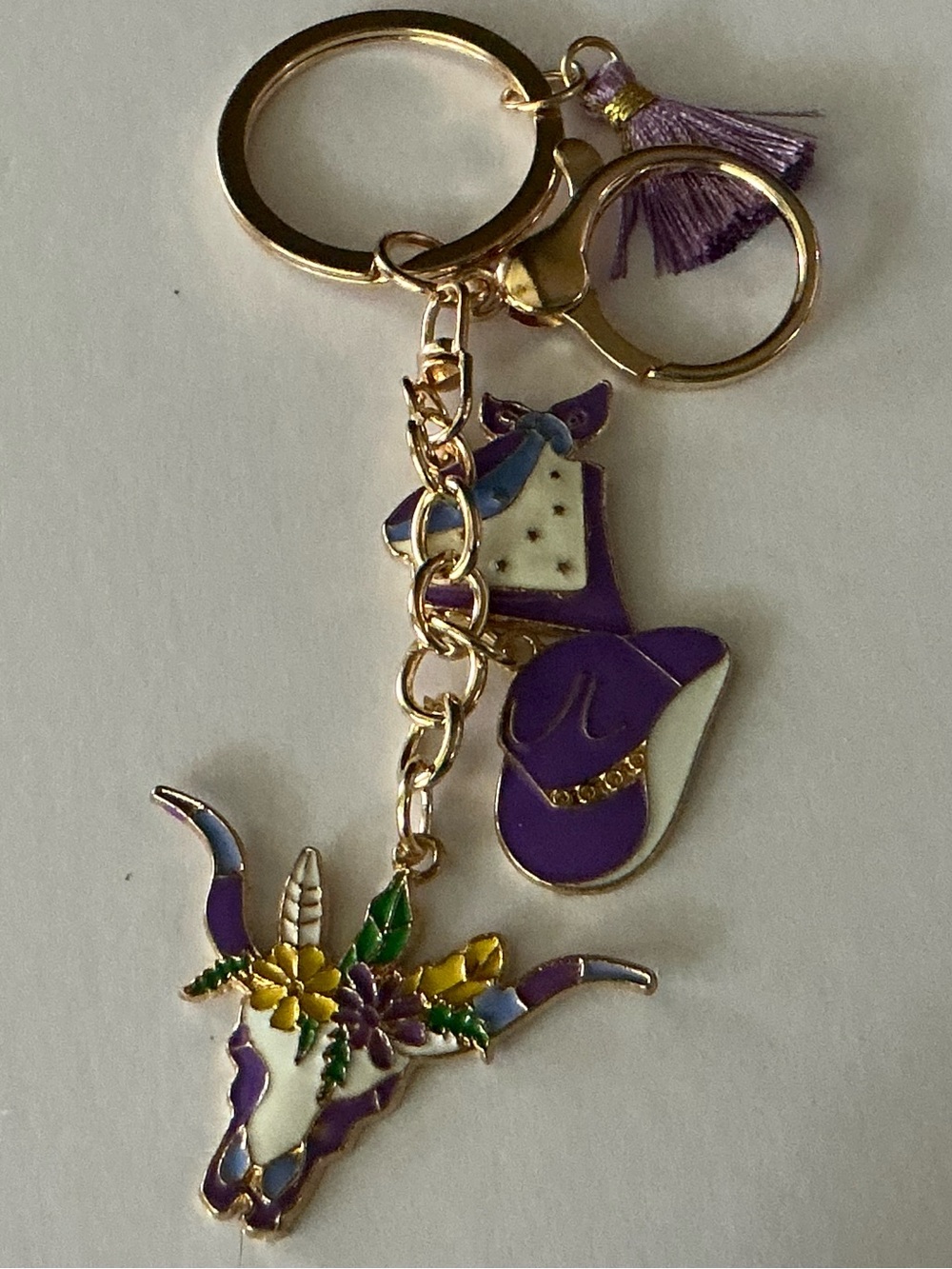 Purple Enamel Western Cow Skull & Cowboy Boot Keychain